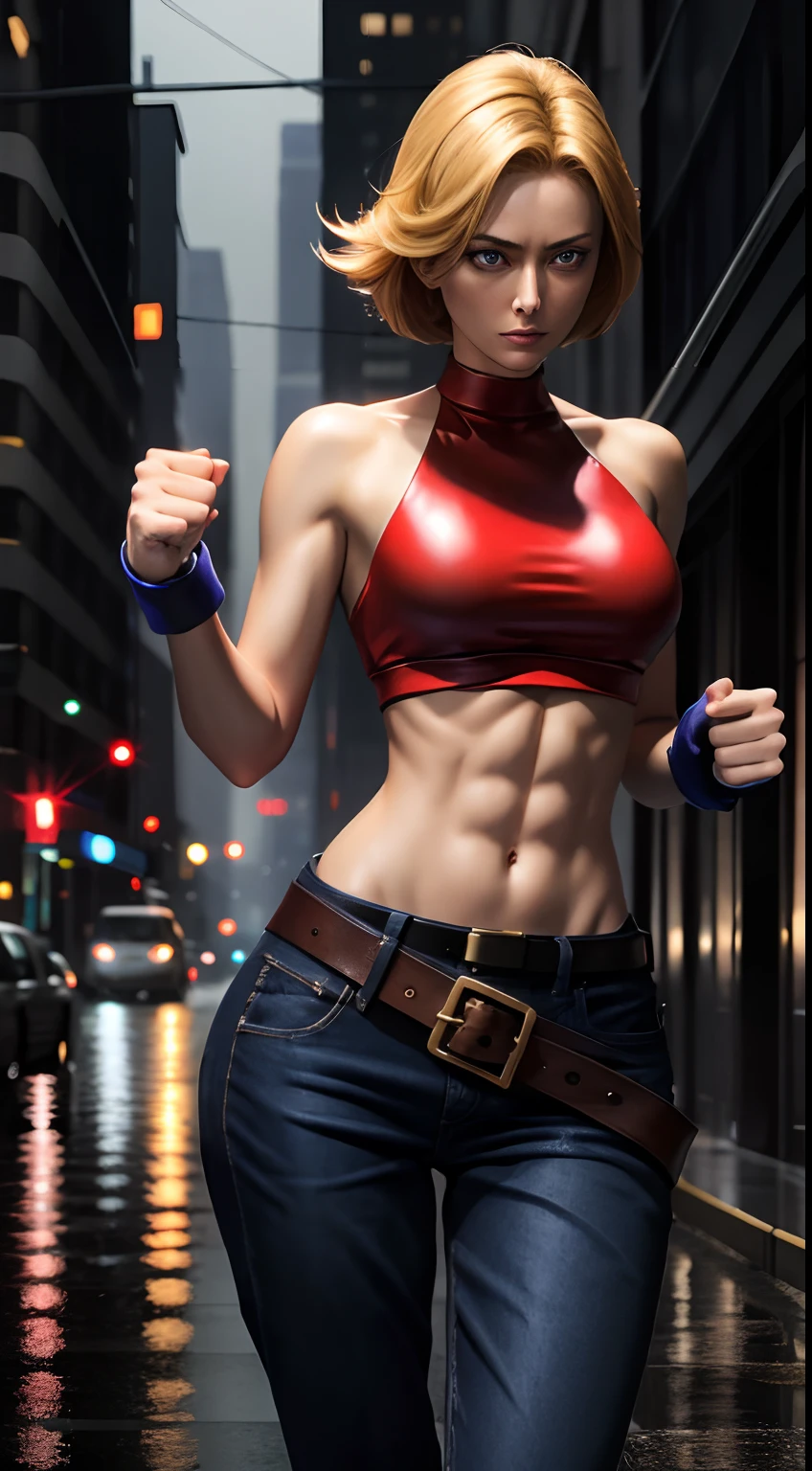 maryms,Best Quality,(beauty),masterpiece, 1girl,phisically-based render ,ultra highres,narrow waist, skinny,big eyes,long legs,(small breasts),puffy eyes, night,(rainy city), shiny skin, facing viewer, fighting stance, (make a fist),firm expression,