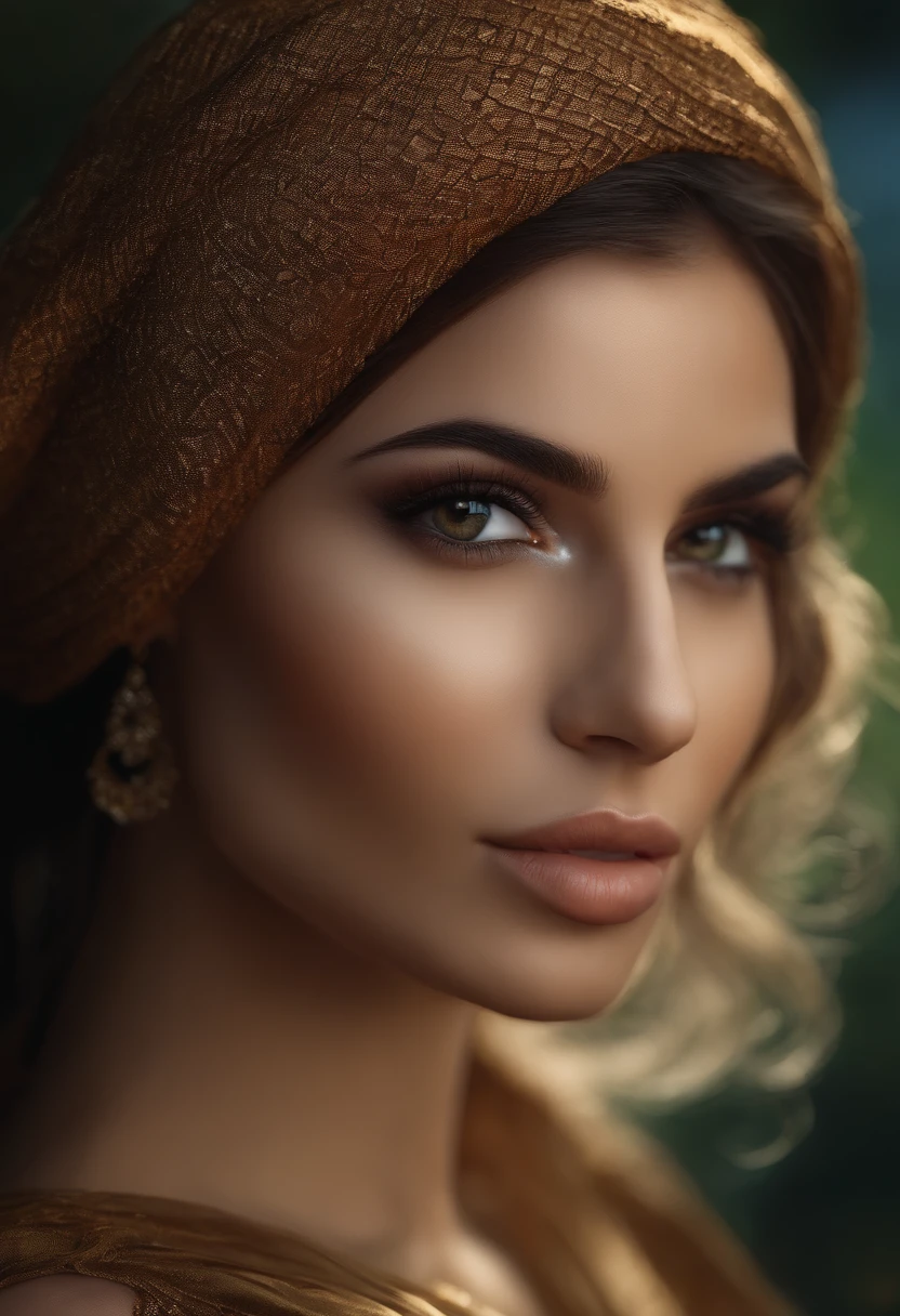 A close up of a woman wearing a brown hat and a gold dress - SeaArt AI