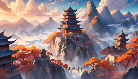 Ancient Chinese landscapes，mountain ranges，rios，Auspicious clouds，rays of sunshine，tmasterpiece，super detailing，Epic composition，hyper HD，high qulity，extremely detaile，offcial art，Unity8k wallpapers，super detailing，Intentional realm, 32k -- v 6