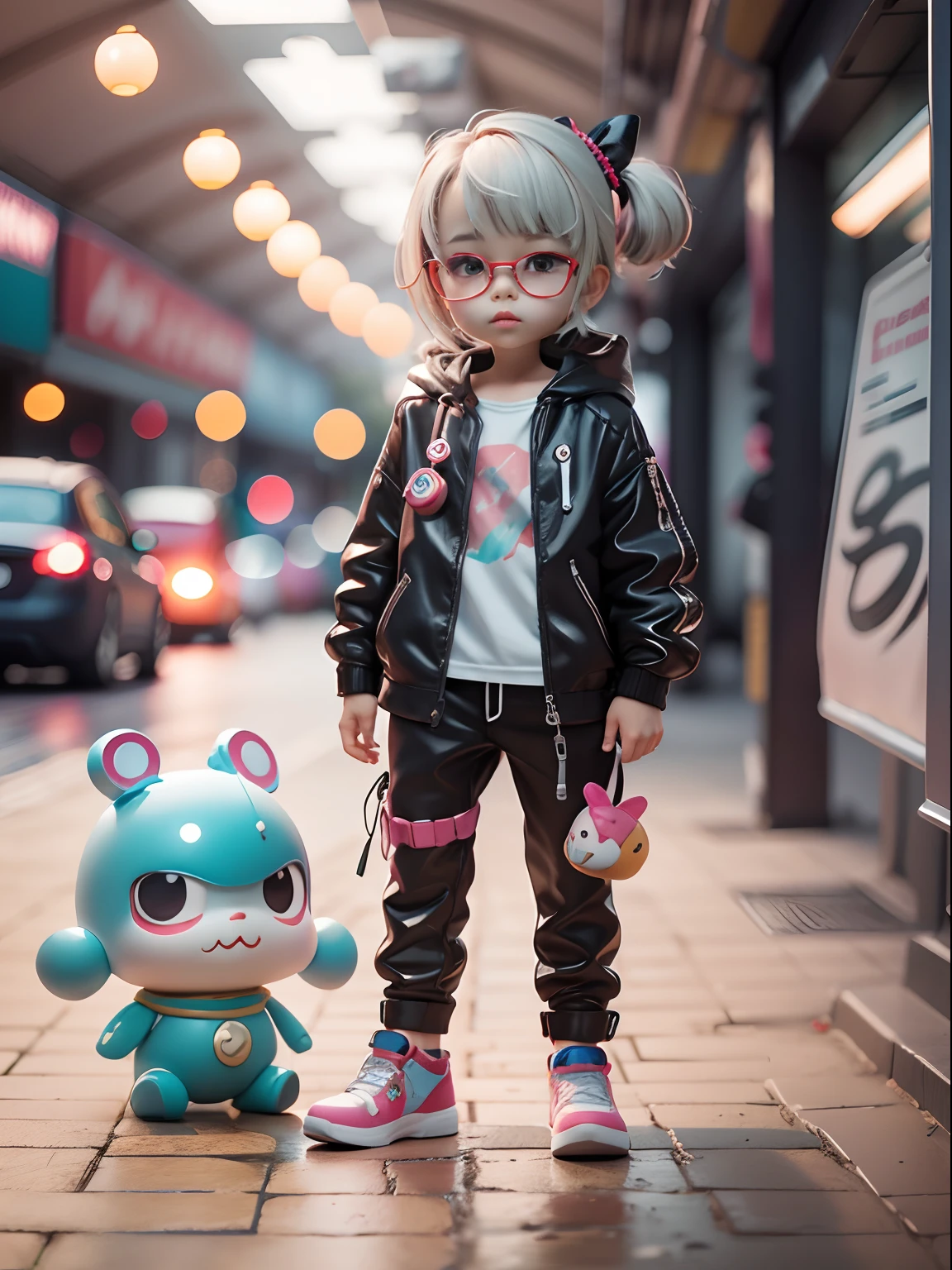 3D toy，3Drenderingof，ip，cyber punk style，tchibi，Cute little boy，masks，simplebackground，Best quality at best，c4d，blender，3 d model，toys，Vivid colors，Metro style，A high resolution，A lot of detail，by Pixar，The color of the candy，Big shoes，fashionable and trendy，Artistically