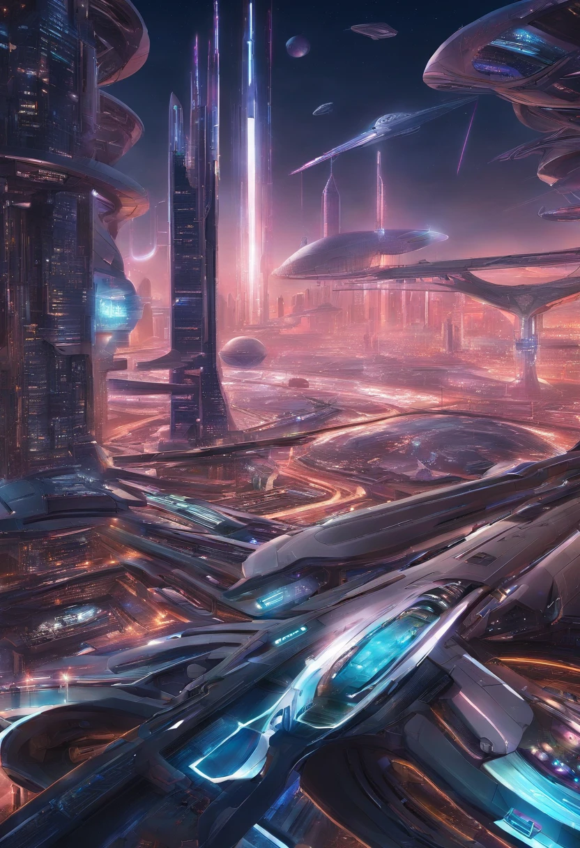 未来城市与未来火车和未来建筑的夜晚, 未来概念艺术, 超凡脱俗的未来城市, 在幻想科幻城市, beautiful 未来之城, 未来乌托邦城市, 概念艺术 8 k resolution, 概念艺术 8k 分辨率, 未来之城, 未来太空港, 概念艺术 8 k, 科幻好莱坞概念艺术