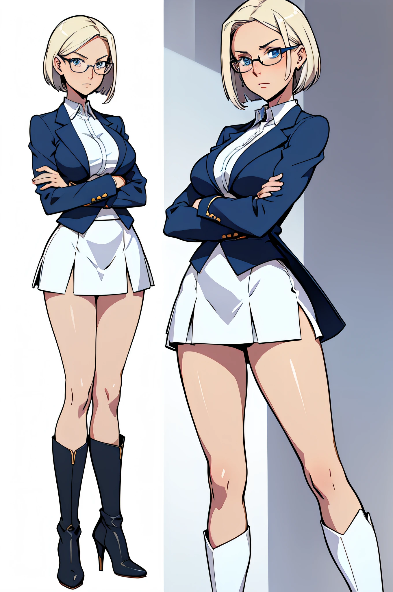 Standing female, arms crossed, short straight hair, blue eyes, blazer, short white skirt, large buttocks, long high-heeled boots, medium-sized breasts, glasses, blushing, white background (character sheet).