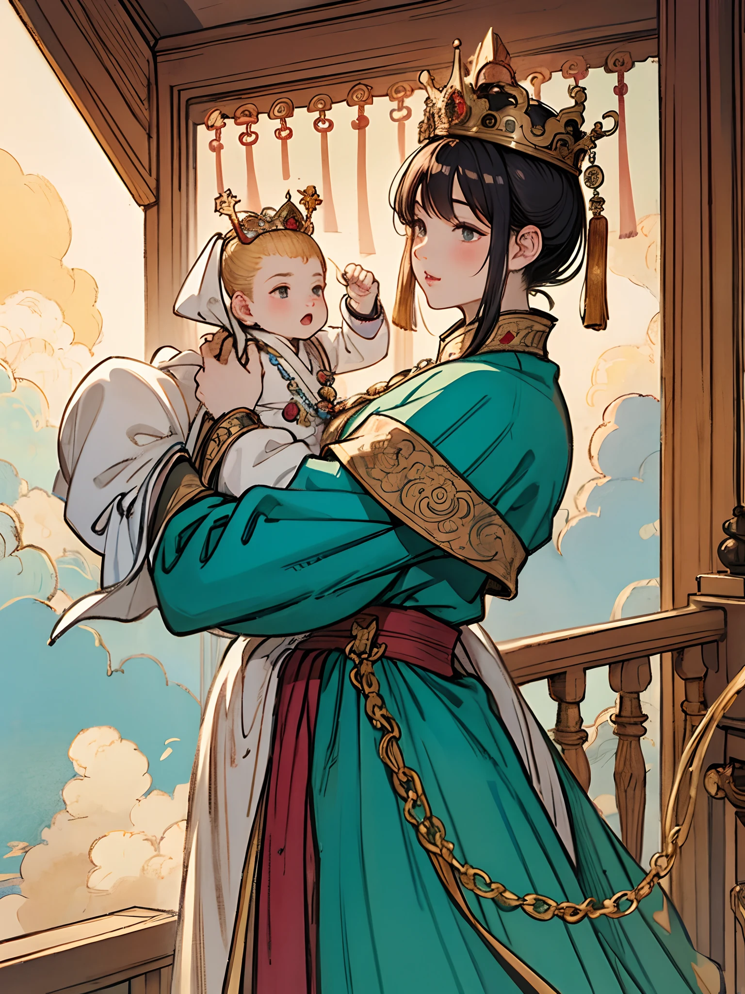 The beautiful 1 Chinese queen holds a (baby prince:1.5) wearing shavings in her arms, Walking, Straight eyes, radiating a brilliant aura, Rosary handle, Crown Team, (Systemic: 2.0), Stand in the cloud, our lady