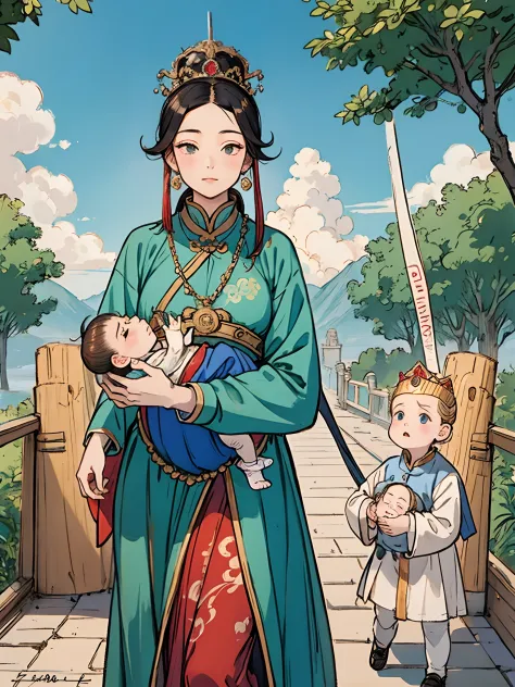 the beautiful 16-year-old chinese queen holds a (baby prince:1.5) wearing shavings in her arms, walking, straight eyes, radiatin...