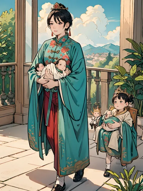 The beautiful 16-year-old Chinese queen holds a (baby prince:1.5) wearing shavings in her arms, Walking, Straight eyes, radiatin...