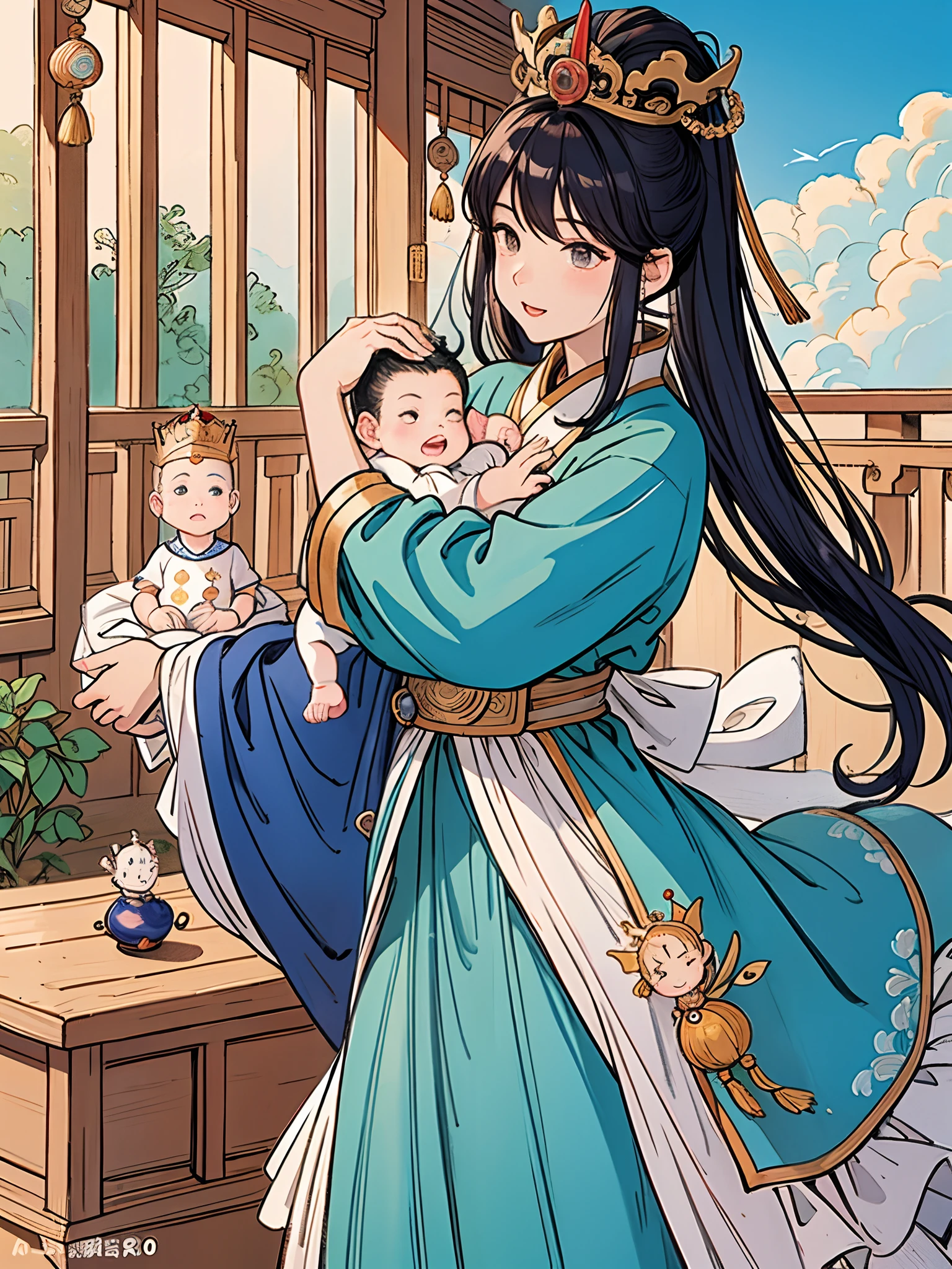 The beautiful 16-year-old Chinese queen holds a (baby prince:1.5) wearing shavings in her arms, Walking, Straight eyes, radiating a brilliant aura, Rosary handle, Crown Team, (Systemic: 2.0), Stand in the cloud, our lady