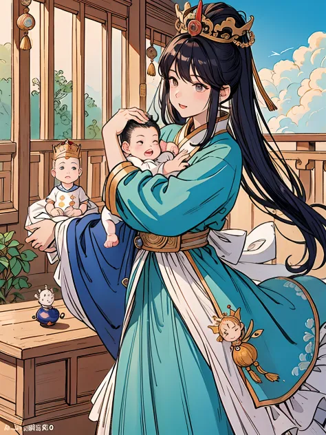 the beautiful 16-year-old chinese queen holds a (baby prince:1.5) wearing shavings in her arms, walking, straight eyes, radiatin...