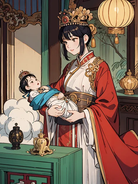 The beautiful 16-year-old Chinese queen holds a (baby prince:1.5) wearing shavings in her arms, Walking, Straight eyes, radiatin...