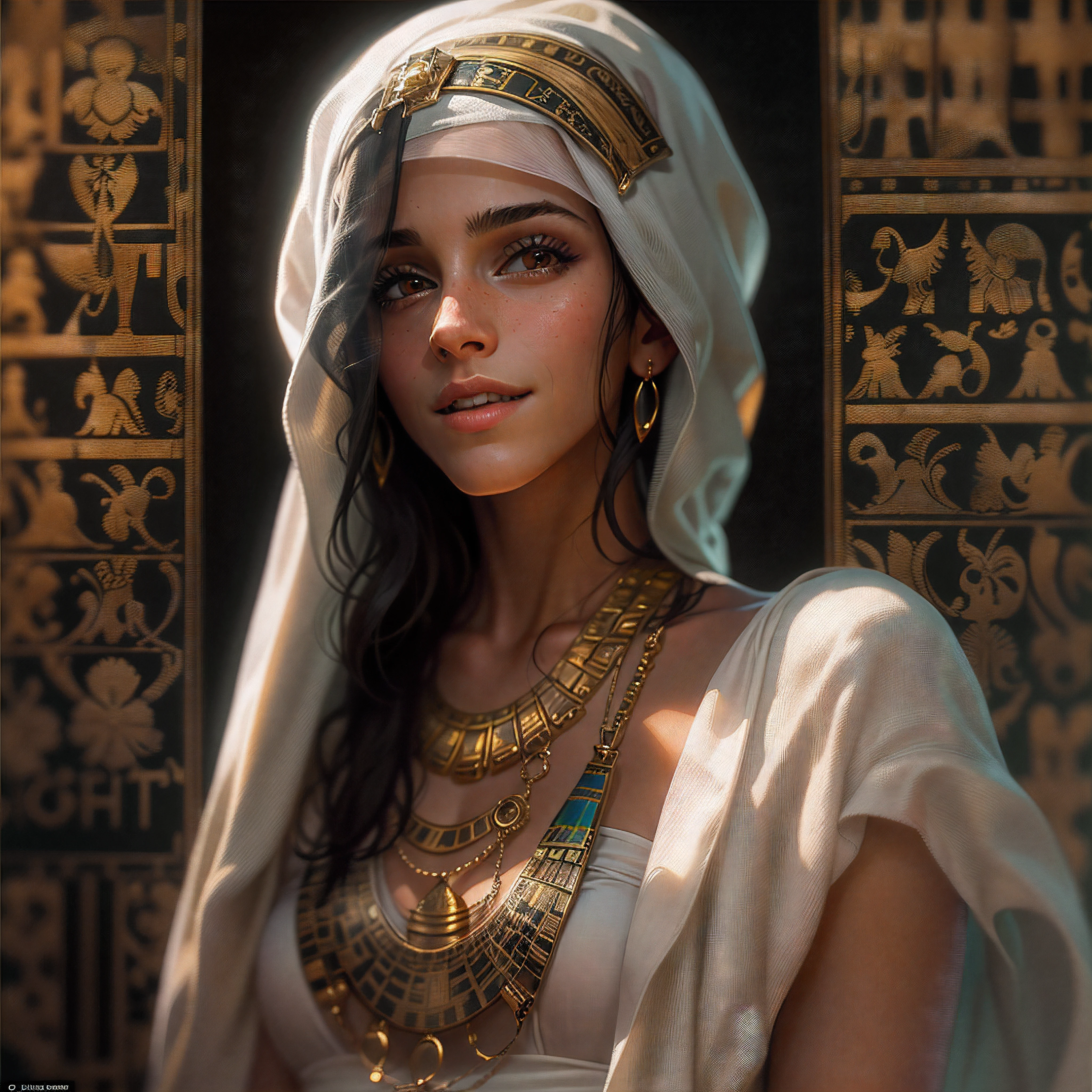 (in perspective) a gorgeous, sexy, sexy, hot, perfect 23-year-old straight hair, long toe-to-toe and loose, silky golden skin (oily lighting), fleshy lips, Egyptian headscarf, jewelry and bracelets (photorealistic:photorealistic, 8k masterpiece), with a gold and white plunging Egyptian garb, black canvas ((black background)), (hyperrealistic:realistic intricate details), smiling: sensual feature,  (texture and environment well detailed, pure perfect lighting).