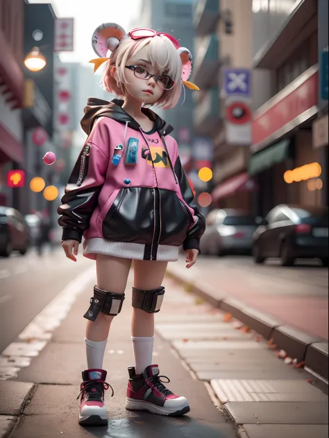 3D toy，3Drenderingof，ip，cyber punk style，Cute little lamb standing on two feet like a human，masks，simple backgound，Best quality ...