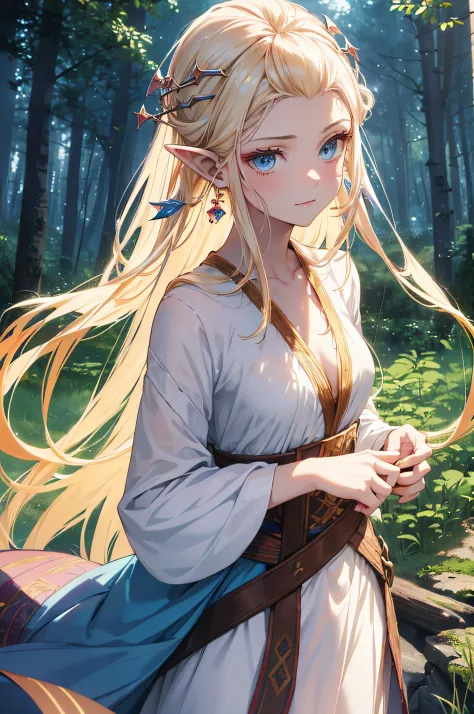(highres,vivid colors),portrait,elves, blue eyes,long hair,blonde hair,pointy ears,graceful,ethereal,serene face,soft smile,magical atmosphere,forest background,glowing light,fair skin,delicate features,fantasy