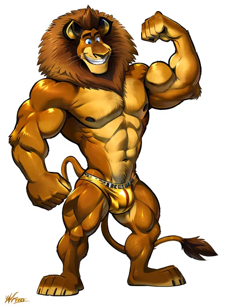 alexlion, posing for the camera, showing off. 4k, high resolution, best quality, posted on e621, solo, anthro body, male, adult, masculine, (very muscular, strong chest, big pectorals, biceps:1.1), correct anatomy, (no background, white background:1.10), (...