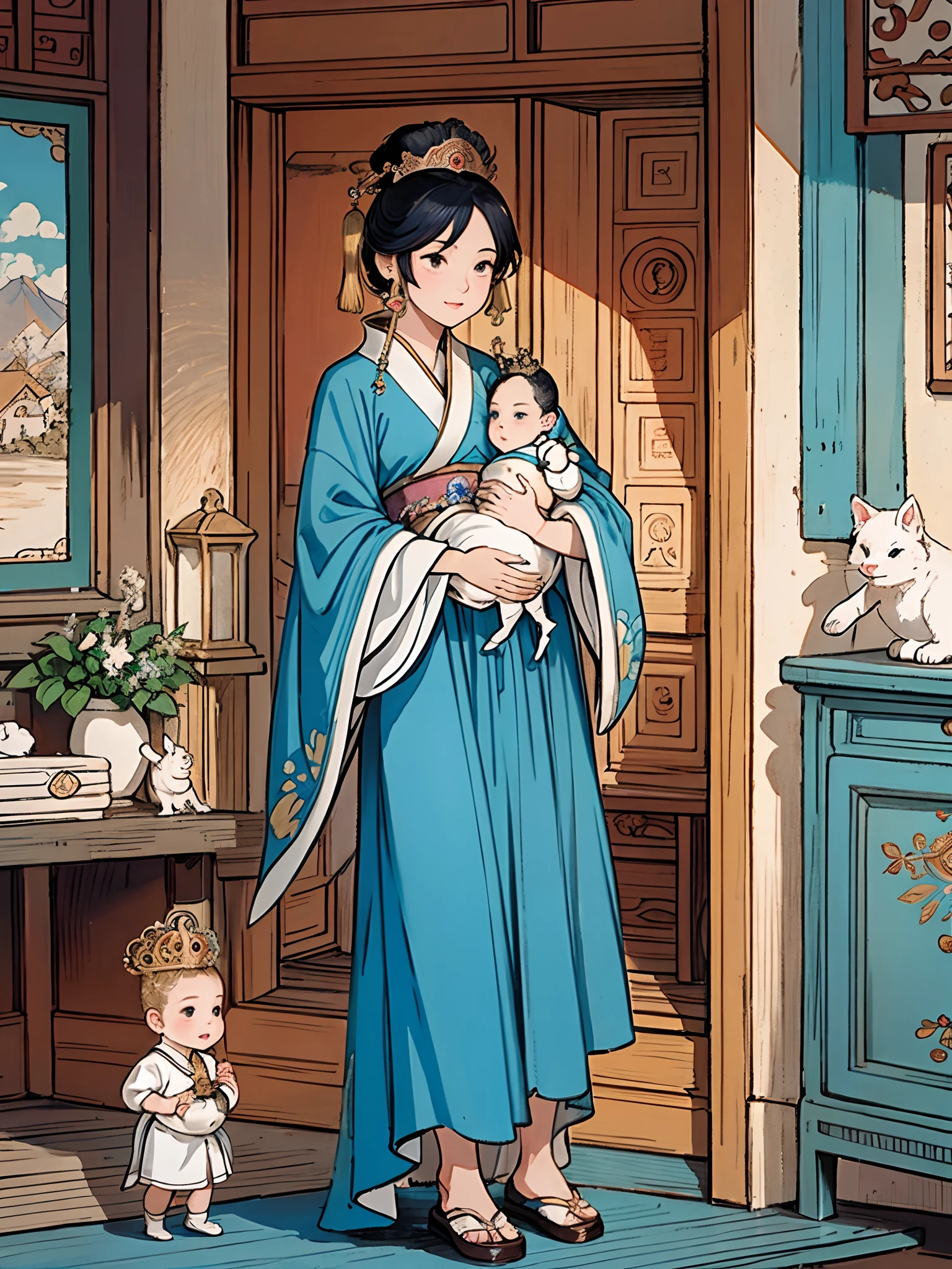 The beautiful 16-year-old Chinese queen holds a (baby prince:1.5) wearing shavings in her arms, Walking, Straight eyes, radiating a brilliant aura, Rosary handle, Crown Team, (Systemic: 2.0), Stand in the cloud, our lady, (full body: 2.0)