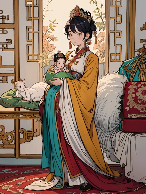 the beautiful 16-year-old chinese queen holds a (baby prince:1.5) wearing shavings in her arms, walking, straight eyes, radiatin...