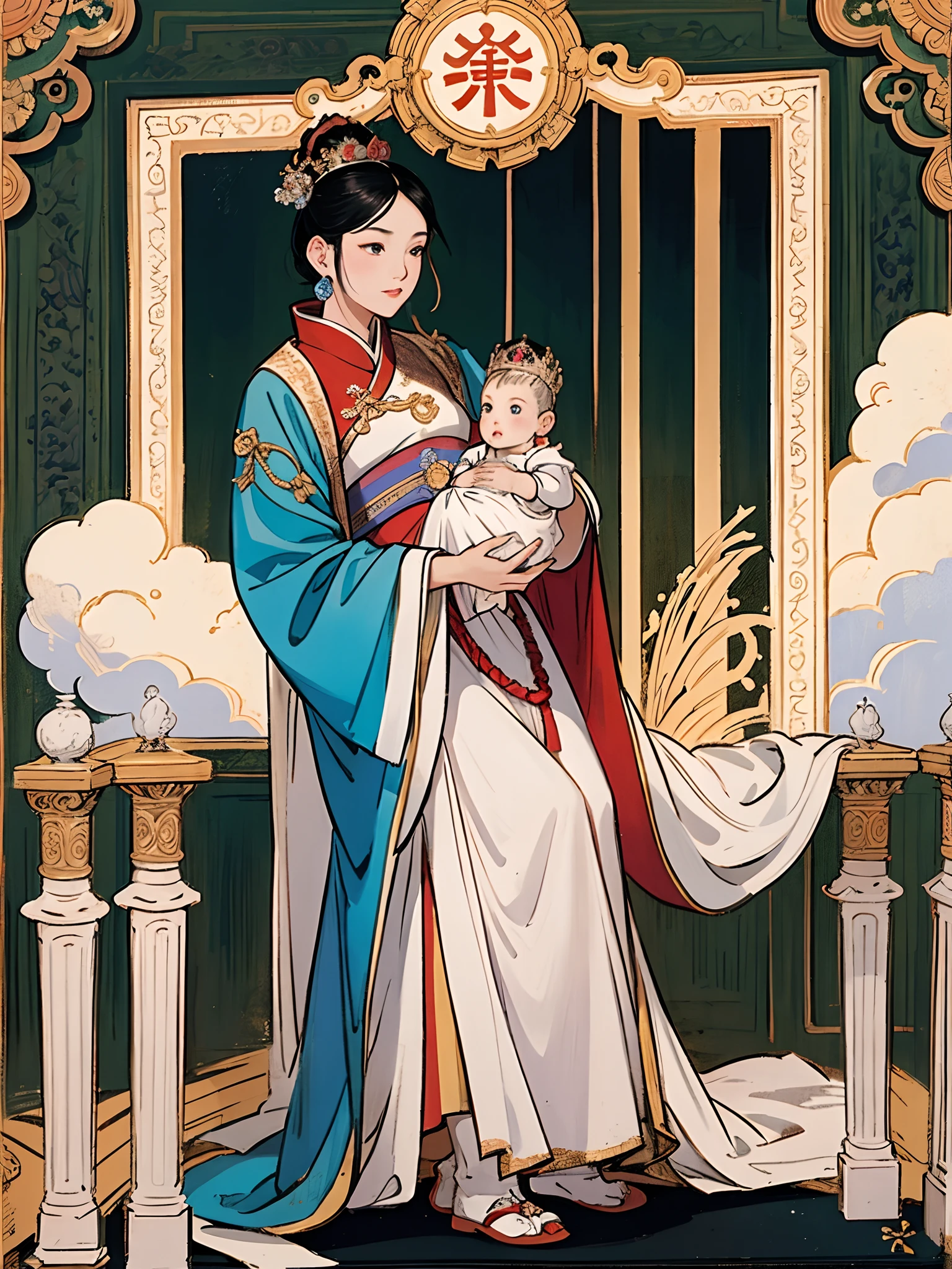 The beautiful 16-year-old Chinese queen holds a (baby prince:1.5) wearing shavings in her arms, Walking, Straight eyes, radiating a brilliant aura, Rosary handle, Crown Team, (Systemic: 2.0), Stand in the cloud, our lady, (full body: 2.0)