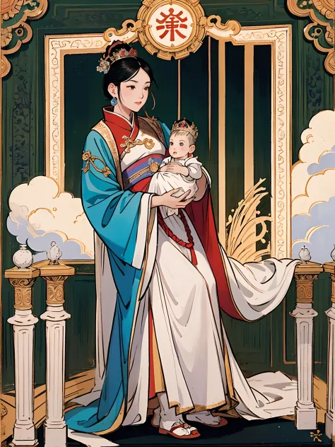 The beautiful 16-year-old Chinese queen holds a (baby prince:1.5) wearing shavings in her arms, Walking, Straight eyes, radiatin...