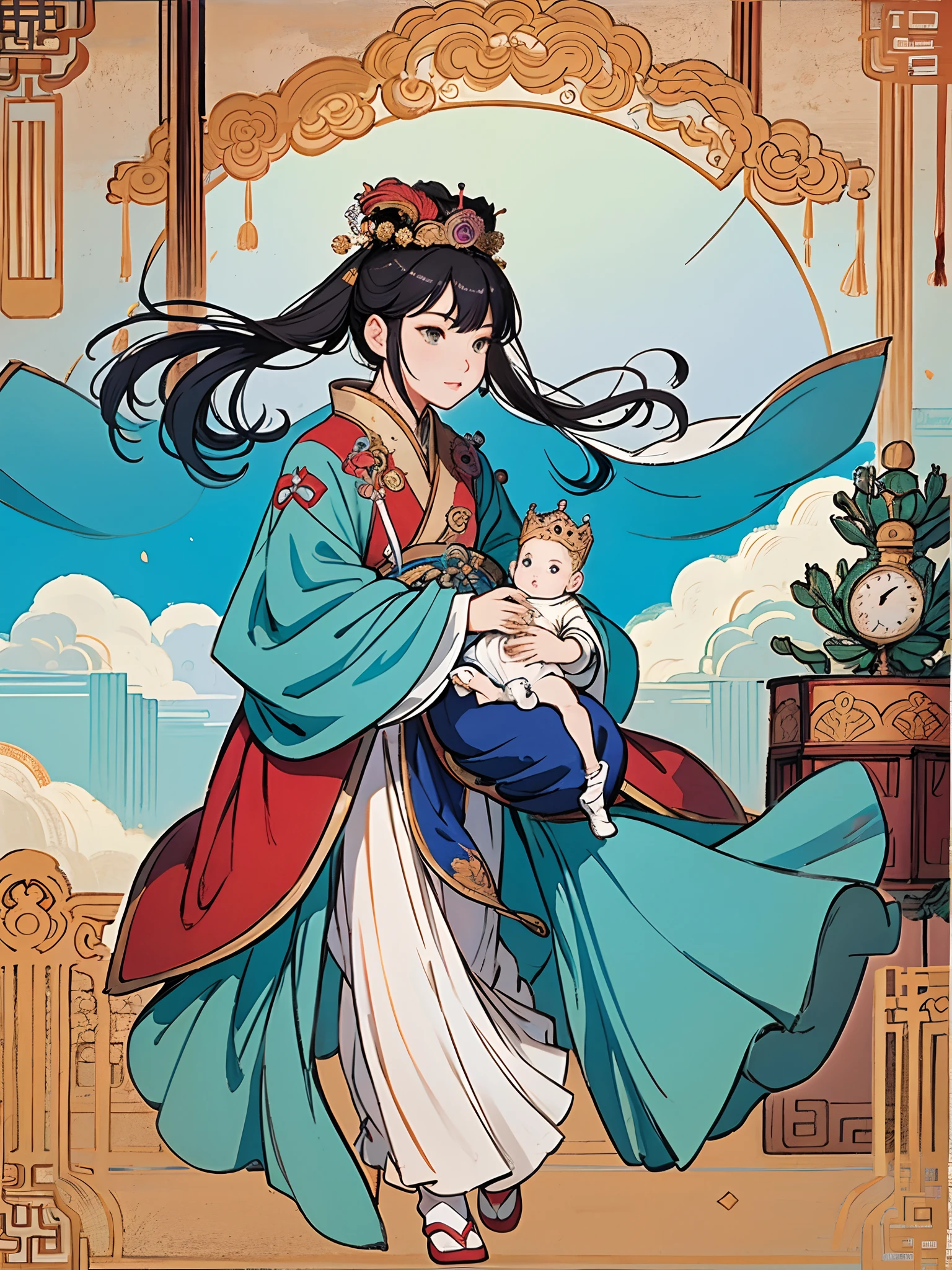 The beautiful 16-year-old Chinese queen holds a (baby prince:1.5) wearing shavings in her arms, Walking, Straight eyes, radiating a brilliant aura, Rosary handle, Crown Team, (Systemic: 2.0), Stand in the cloud, our lady, (full body: 2.0)