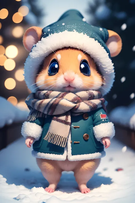 (best quality,highres,masterpiece:1.2),ultra-detailed,claymation,closeup,tiny cute hamster,coat,scarf and hat,standing in the snow,fluffy fur,sparkling eyes,soft lighting
