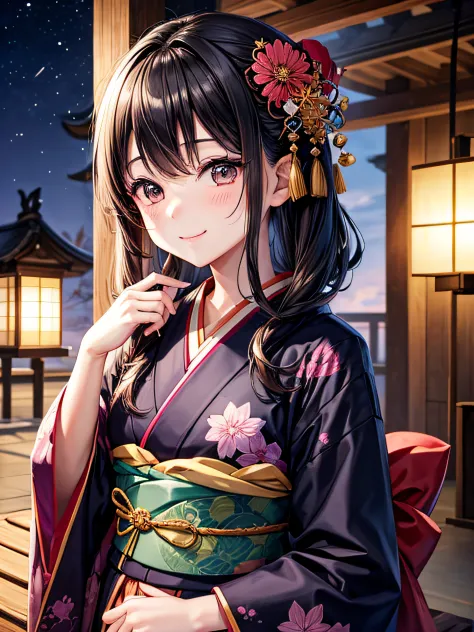 kawaii、A dark-haired、jpn、Staring at this、fleeting、​masterpiece、vivid、kimono、a smile、gentle