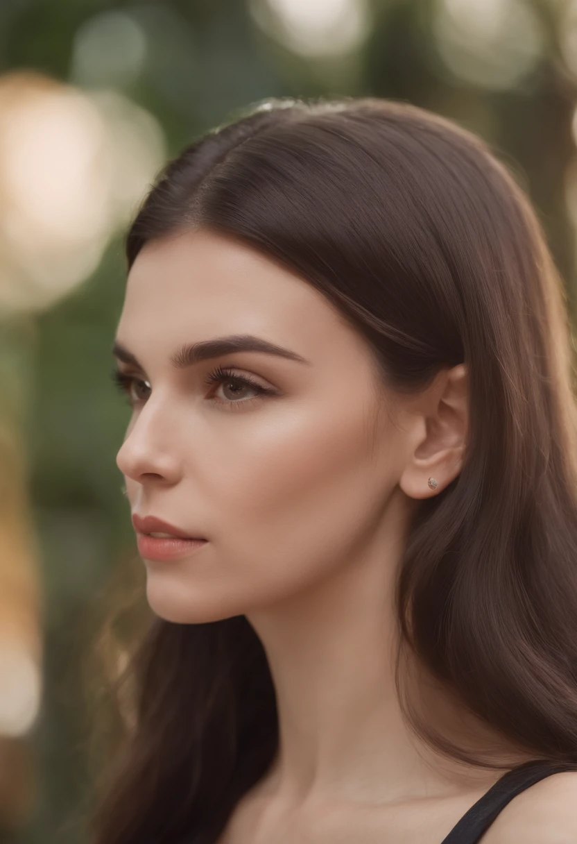 A woman with long hair wearing a black top and earrings - SeaArt AI