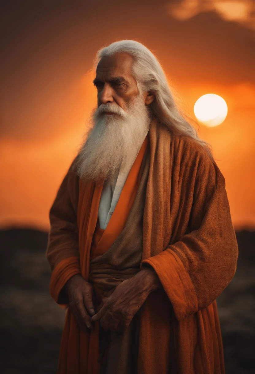 Create a wise man with the appearance of an old man with a beard and long white hair, Old clothes looking at orange sky image in 4k