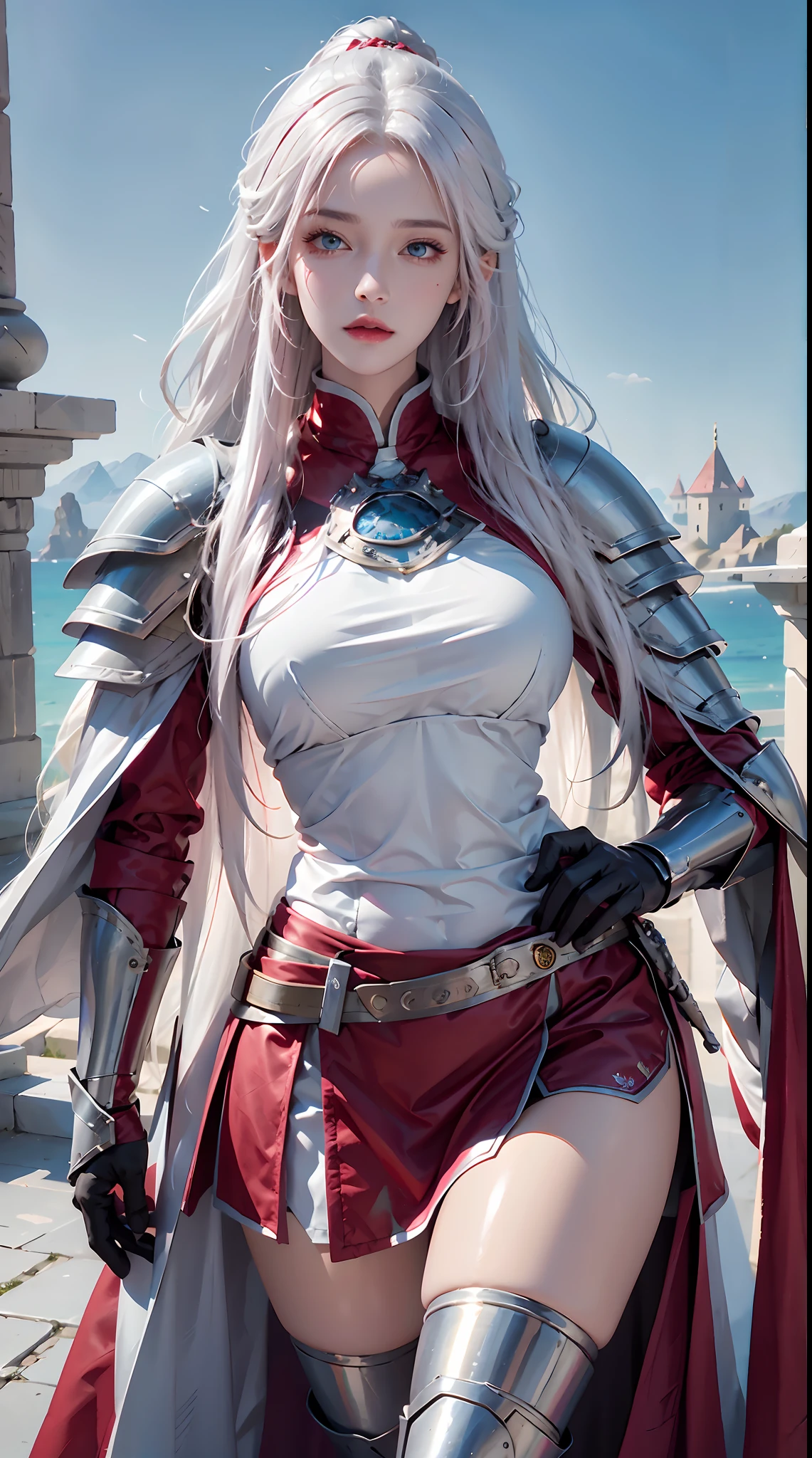 photorealistic, high resolution, 1women, shining skin, solo, hips up, tattoo, jewelry, pink lips, long white hair, blue eyes, closed mouth, castle, full armor, red armor, armored skirt, cloak,