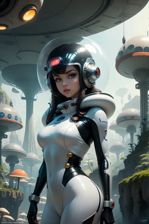 In a retro-futuristic setting reminiscent of 1950s sci-fi, an alien ant girl  warrior dons