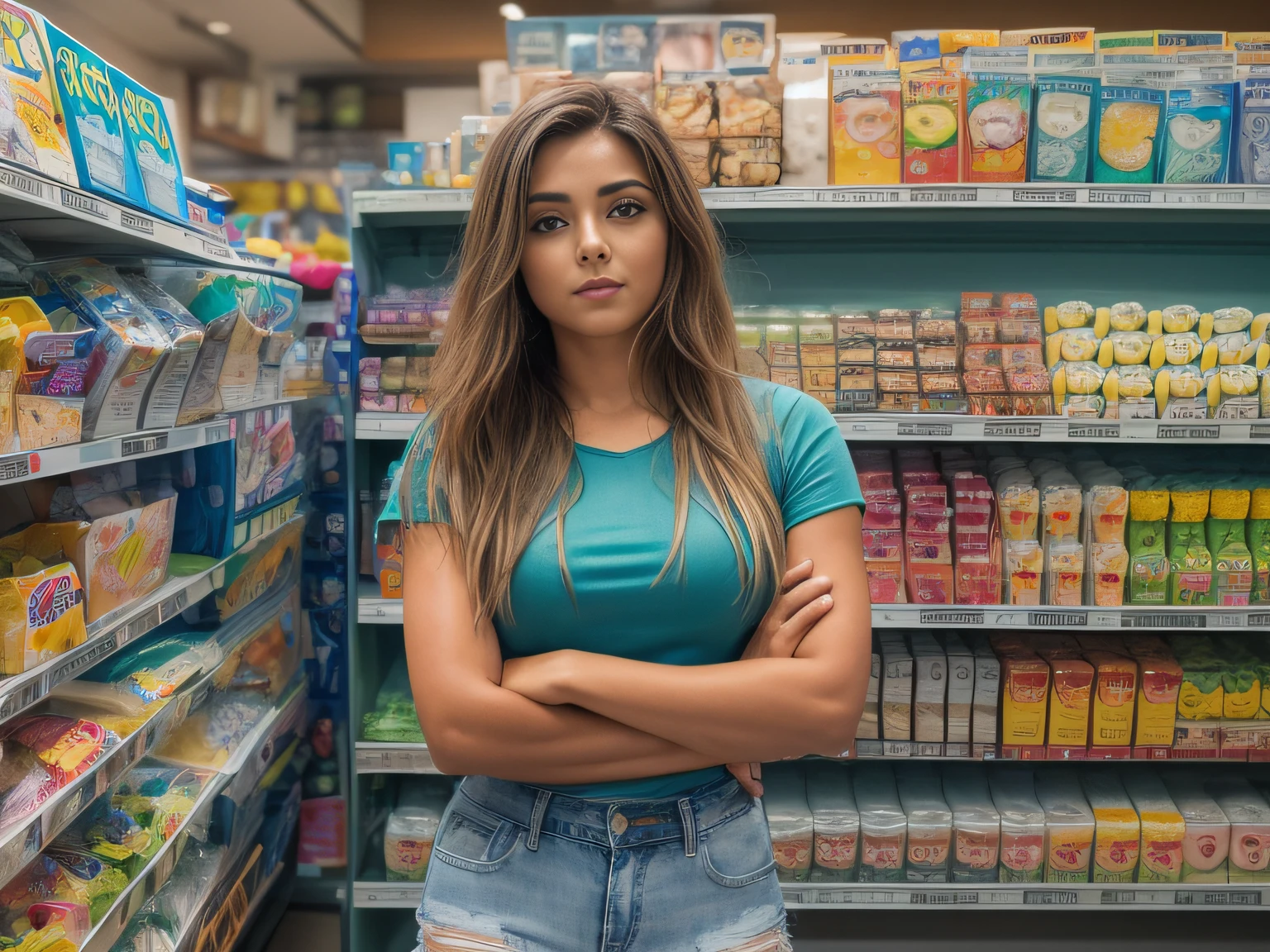 Ultra realisitic, ​masterpiece, (realisitic: 4.8), Color Photographic Portrait by Professional Photographer of Beautiful Brazilian Woman, (standingn) (Shopping at the supermarket), (looking at the market shelves), (curly brown hair), (eyeballs: browns in green and purple tones, in very high definition, symmetrically following the angle of the face). ((Hidden hands and legs, indispensable)) (Girl in middle distance), Front photo, (Wearing a blue flowered t-shirt and jeans),  24 years. Sharp and detailed photo, best qualityer, Masterpiece artwork, High camera angle, as if you were reading a book leaning on the table, (fund: Supermarket very out of focus). (face detailed, eyeballs bonitos, thick jaws), (textura de pele realisitic: 8.0) (Blue floral t-shirt and jeans) (standingn) (ssmile: 4.0) (full torso and face framing) (curly brown hair presos)