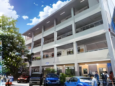 cars parked in front of a building with people standing outside, centre image, full building, frontview, front-view, front side, front view, full - view, outside view, multistory building, mid-view, exterior view, building facing, front side view, japanese...