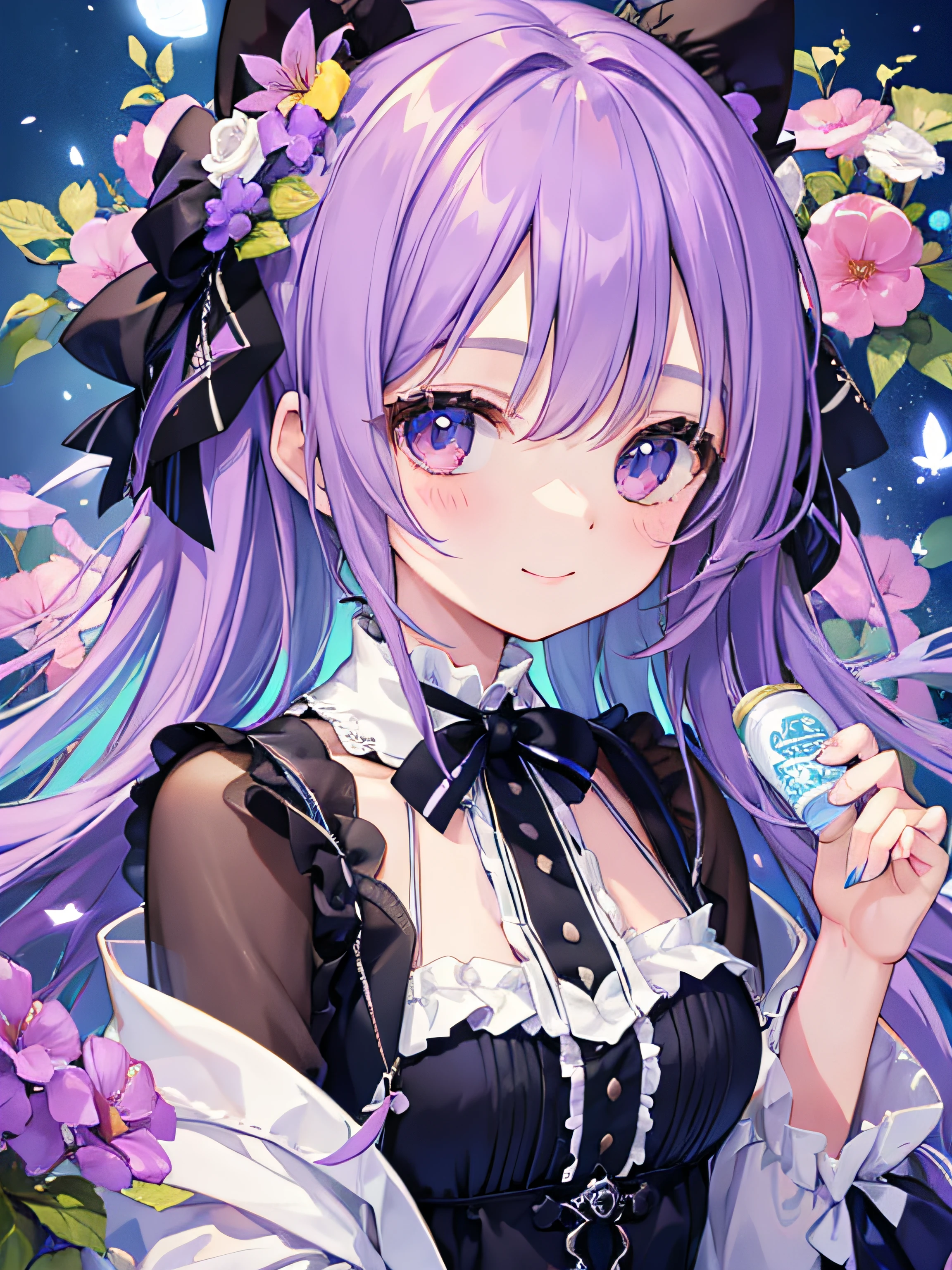 Anime girl with purple hair and black dress holding a blue and white object  - SeaArt AI