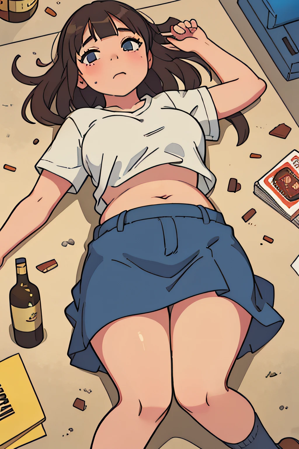 Anime girl laying on the floor with a bottle of beer - SeaArt AI