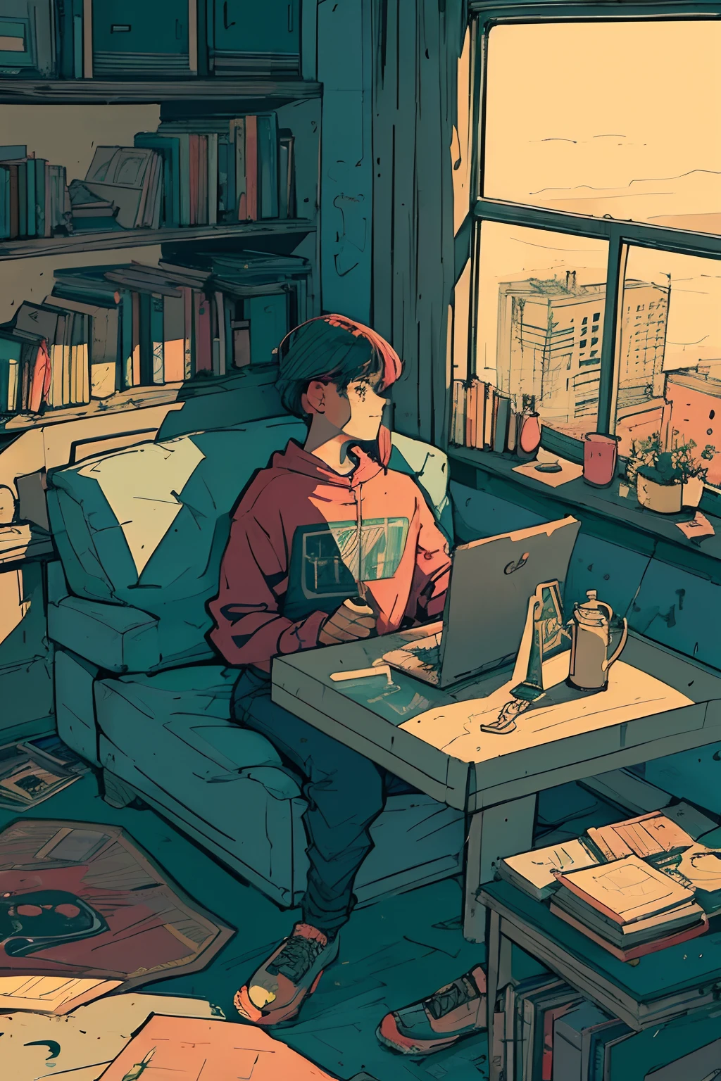 un hombre sentado en un sofá leyendo un libro en una habitación, Chica Lofi, estilo de ilustración de baja fidelidad, Arte lo-fi, arte lofi, Alabanza Artstyle, Estilo de ilustración, portada del disco lofi, Al estilo de Laurie Greasley, lo fi, estética de chica lofi, NULO, lo-fi, lo - fi, Sensación Lofi