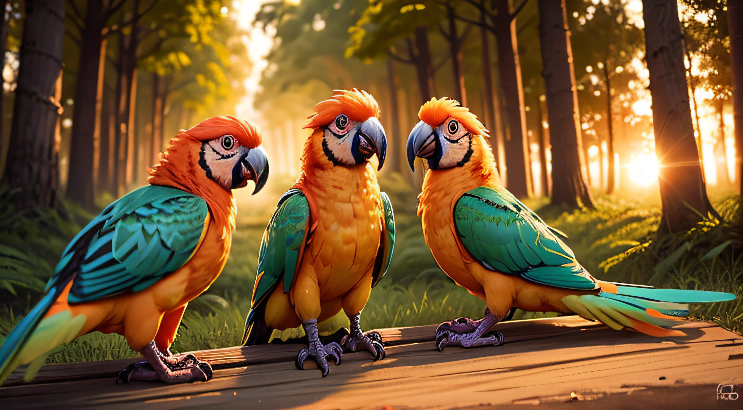  on forest with orange parrots, Pixar Style Movie, so cute, pretty eyes, so cute, bright eyes, adorables orange parrots, full orange color parrots, dancing parrots, Campfire in the Glade, amazing sunset
