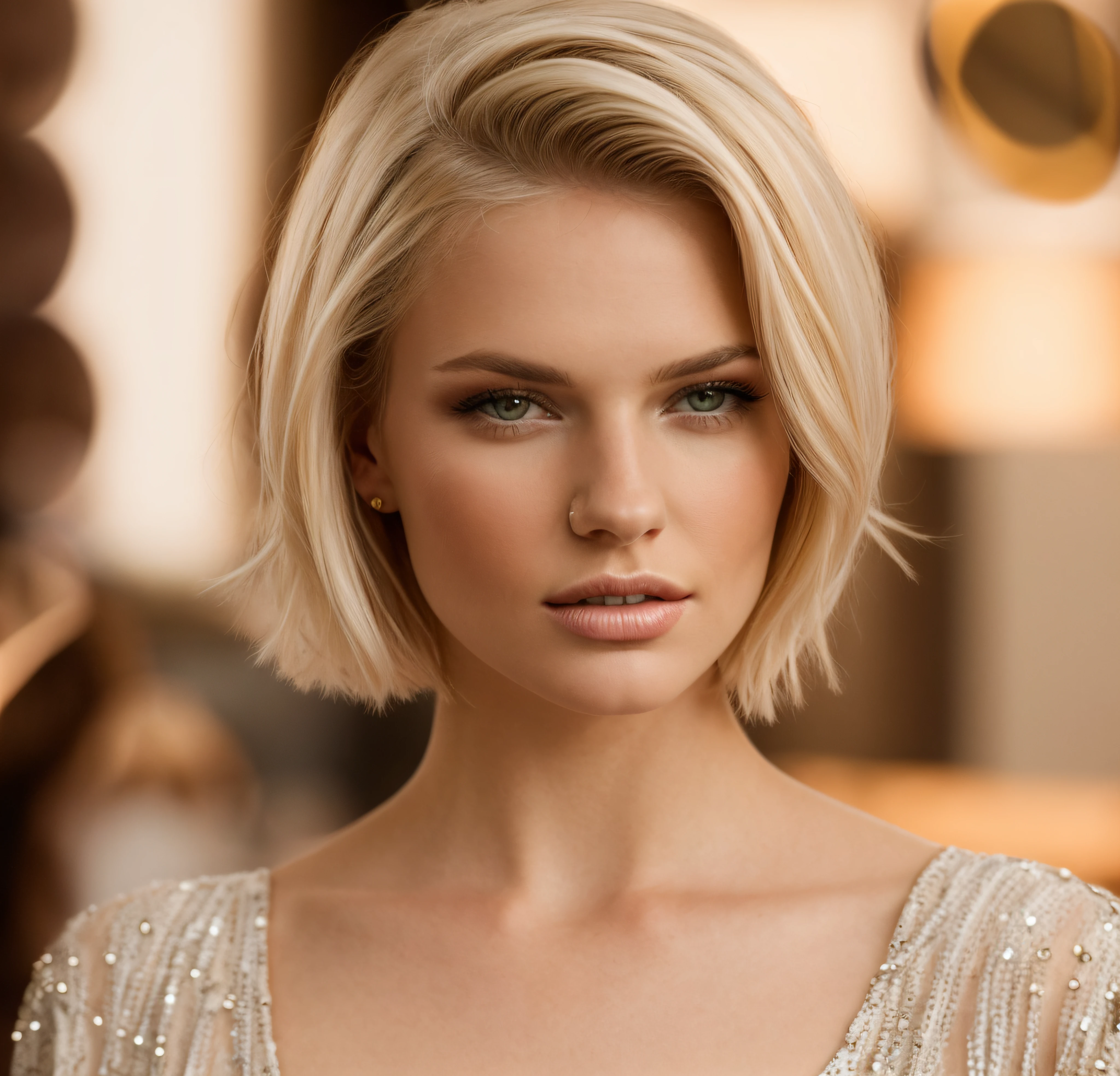 a close up of a woman with a blond bob with a dress on, jaw-dropping beauty, perfect face model, jaw dropping beauty, beautiful model, portrait of a beautiful model, photo of a beautiful woman, stunning portrait, stunning face, blond bob haircut, breathtaking face, short blond hair, blonde short hair, short slicked - back hair, sleek blond hair