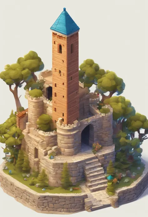 absurdres, best quality, fantasy, isometric, knolling style of fantasy world, a lot of water, flying angels around entrance to the tower(miniature brick round tower:1.2), tree, stone wall, (simple background:1.2)