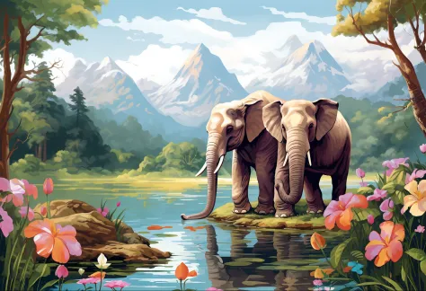 elephants standing in the water near a mountain range with flowers, elephants, majestic painting, animal painting, detailed beau...