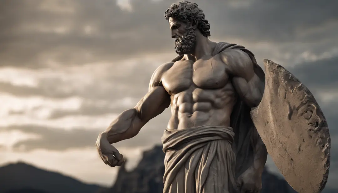 Stoic Greek statue with very muscular body in profile, strong arms, HERCULES STYLE, cinemactic, 8k, dark background GREECE