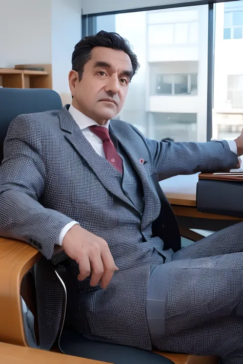 A 58-year-old man in a suit and sitting in the office