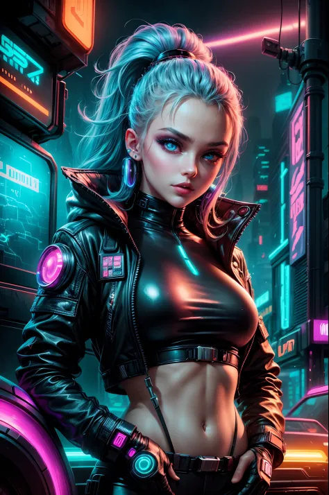 "Sci-fi book cover, retro-futuristic, 80's vibes, glowing neon, futuristic cityscape, cyberpunk, young girl with (piercing eyes)...