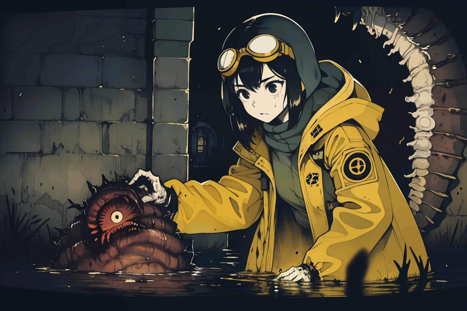 masterpiece, best quality, 1girl, (closeup),(yelow coat, goggles), (serious, dirty face, dirty clothes), in a flooded subway, (facing a monster worm: in a flashlight beam, 1.1), ruins, very dark, watercolor, sketch
