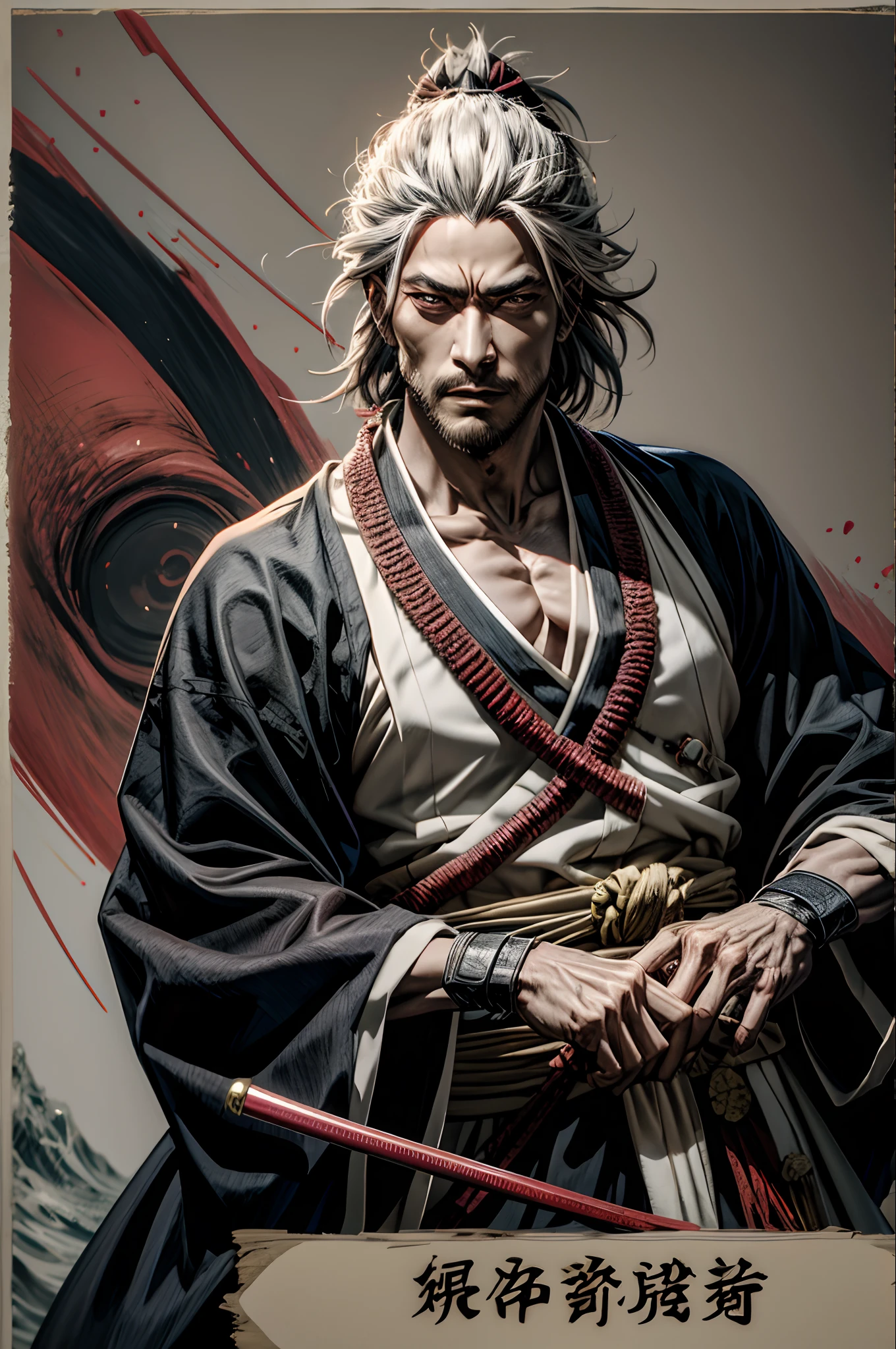 1 samurai man,high qualiy, master part, Japanese anime, two-dimensional, Beautiful  eyes, extreme detailed background, 8 k wallpaper, extreme detailed face) Ten, Highly muscular body, strong muscles, barba, hopeful eyes, glare eyes, blue colored eyes, mature and steady, sophisticated, white short sleeves, Retrato de Onmyoji, miyamoto musashi, detailed anime character art, Pavilion background,in the style of 0mib, bleach style