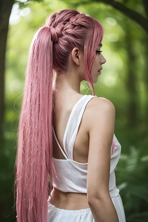 Asian pink-haired girl with her back turned, his head is turned so that his face cannot be seen, nice, long hair, 4k, hiperealis...