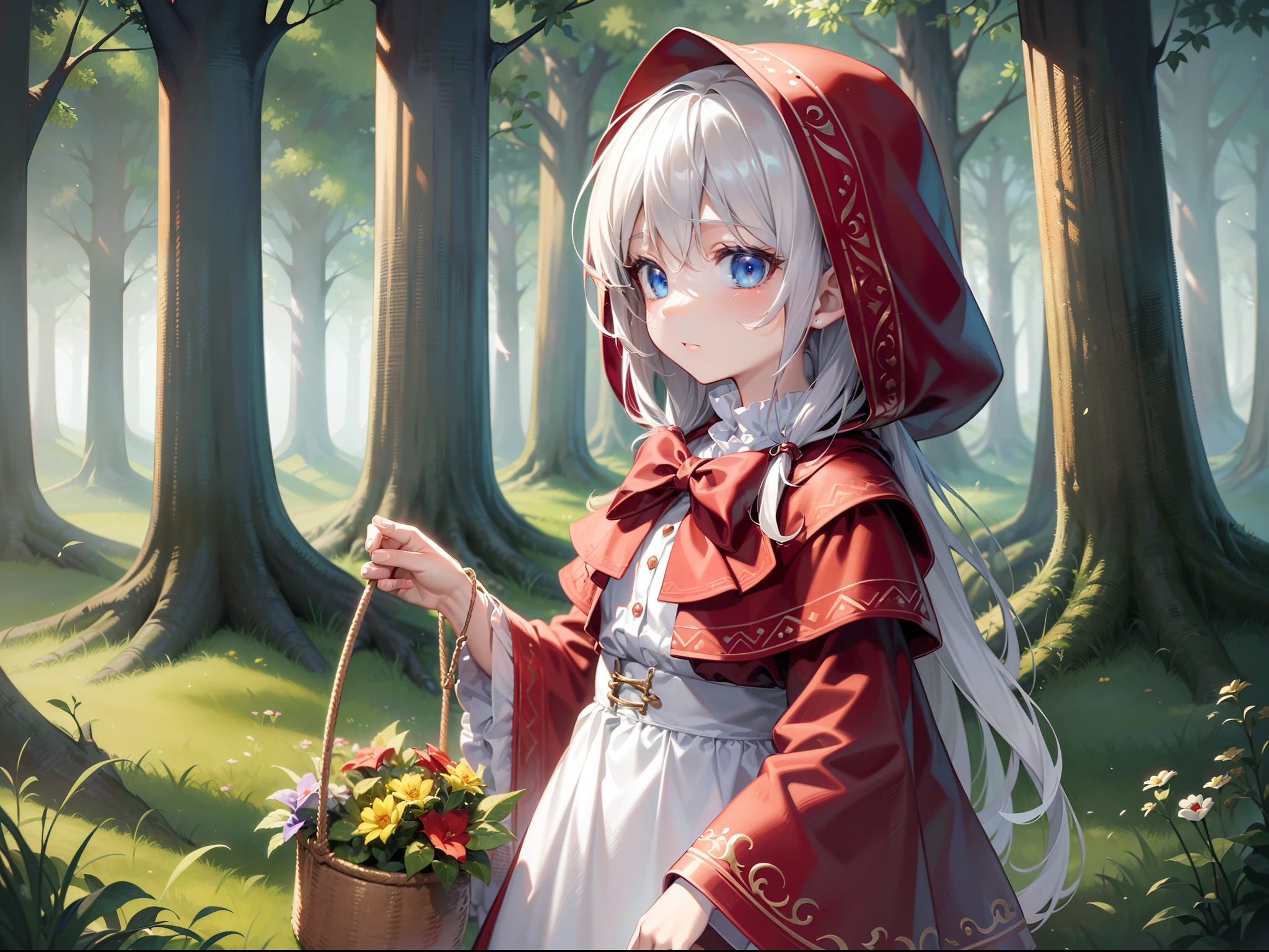 Chica anime en caperucita roja sosteniendo una canasta de flores en el  bosque - SeaArt AI