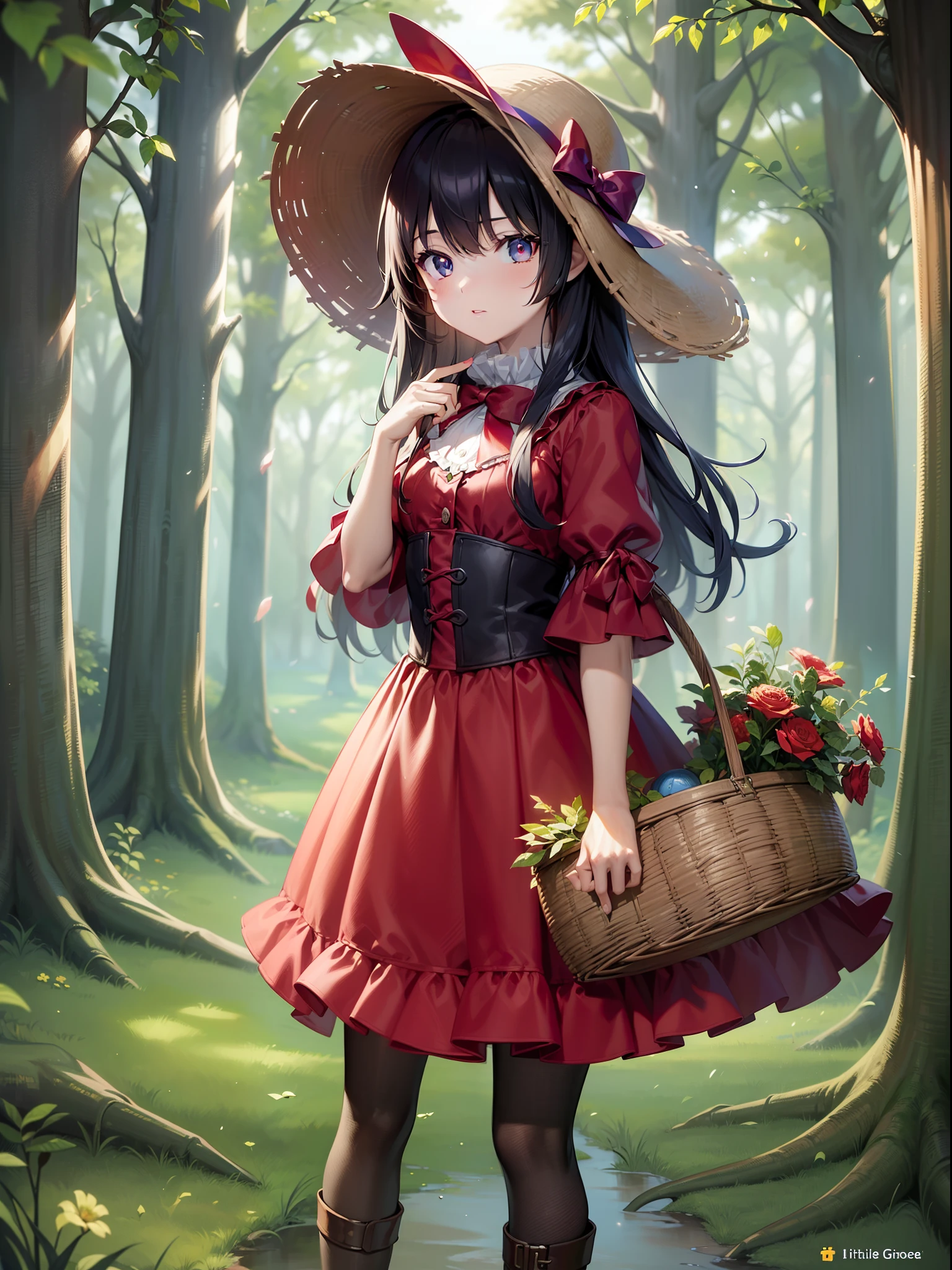 Chica anime vestida de rojo con una cesta de flores en el bosque. - SeaArt  AI