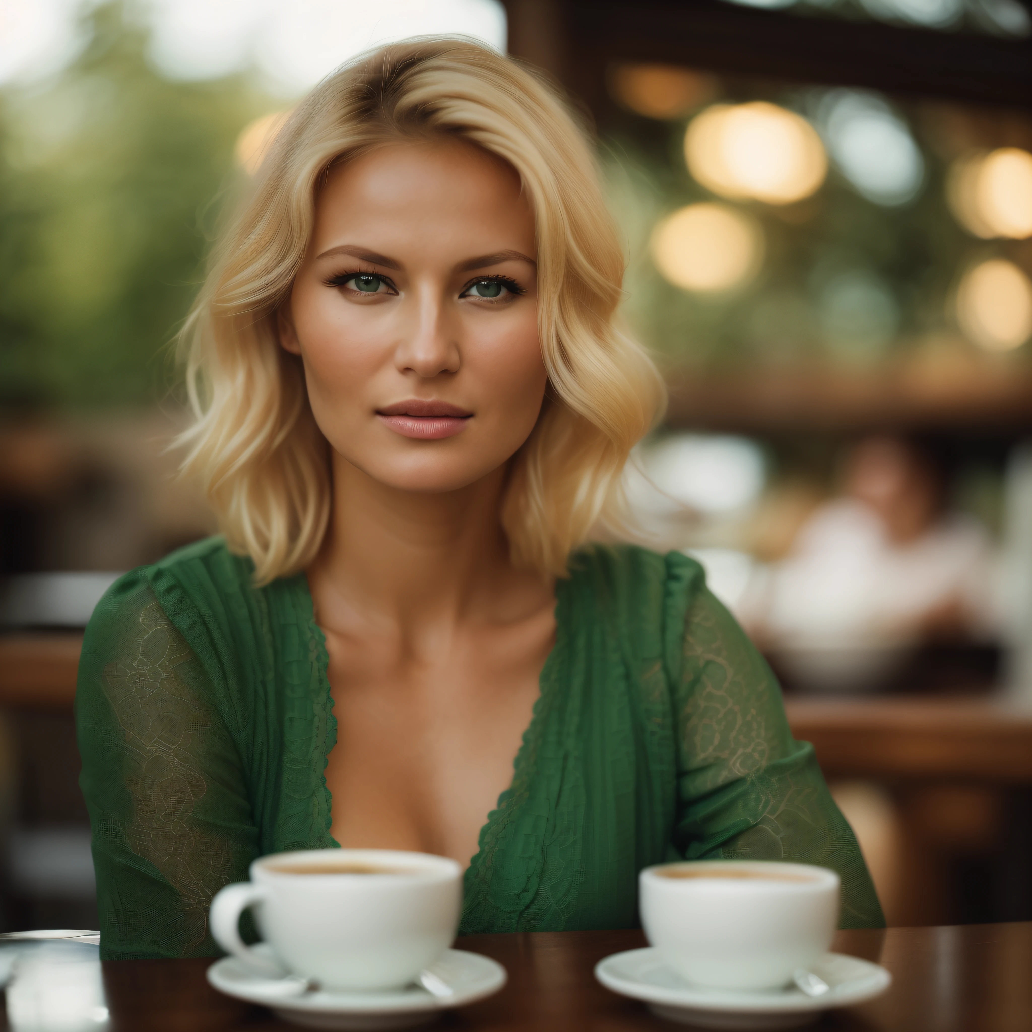 blond woman in green dress sitting at a table with two cups of coffee, portrait of morning coffee, yelena belova, anna nikonova aka newmilky, 50mm portrait, woman drinking coffee, 60mm portrait, by Emma Andijewska, stunning woman, irina nordsol kuzmina, blonde woman, beautiful blonde woman, 7 0 mm portrait