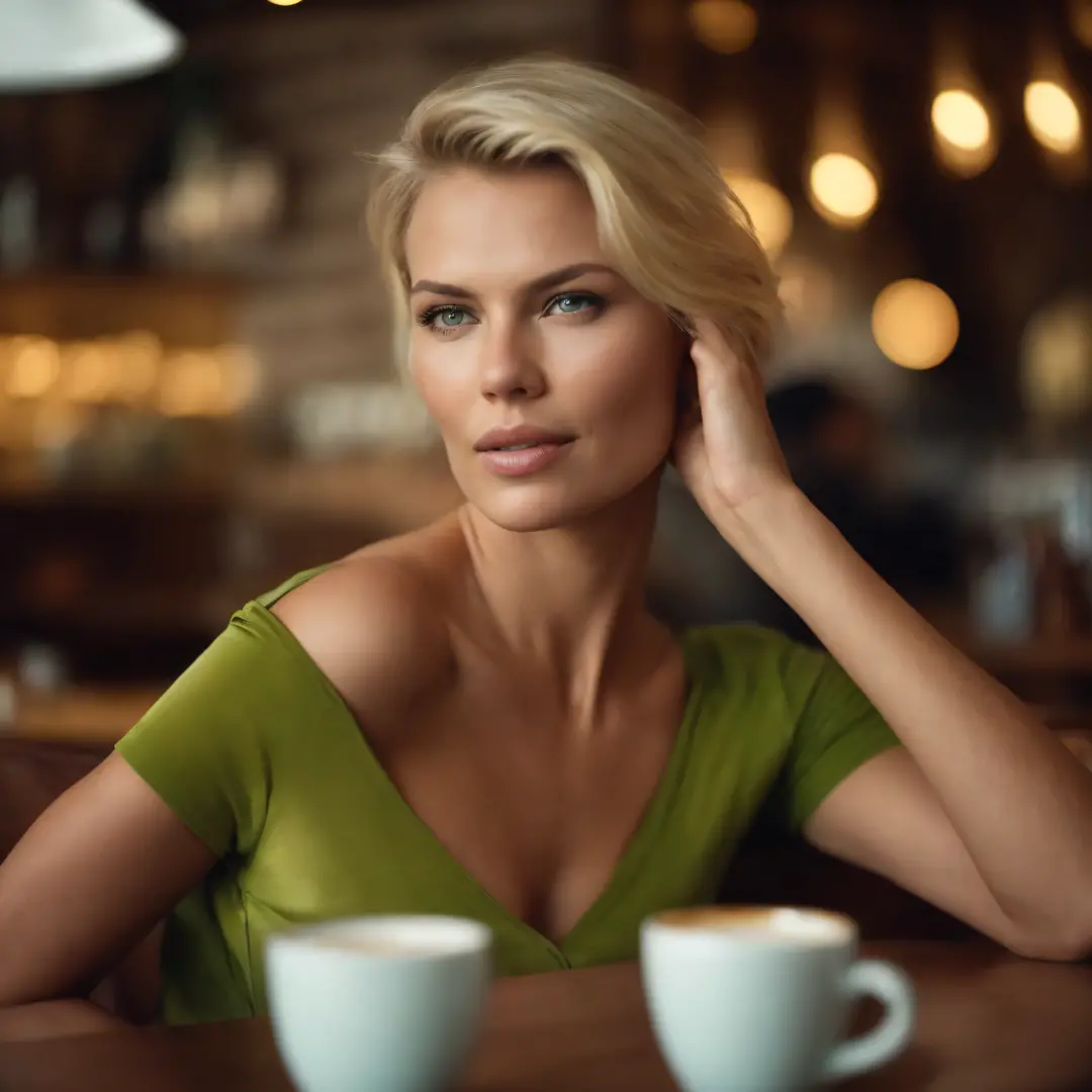 blond woman in green shirt sitting at a table with two cups of coffee, yelena belova, blonde woman, photo of a beautiful woman, ...
