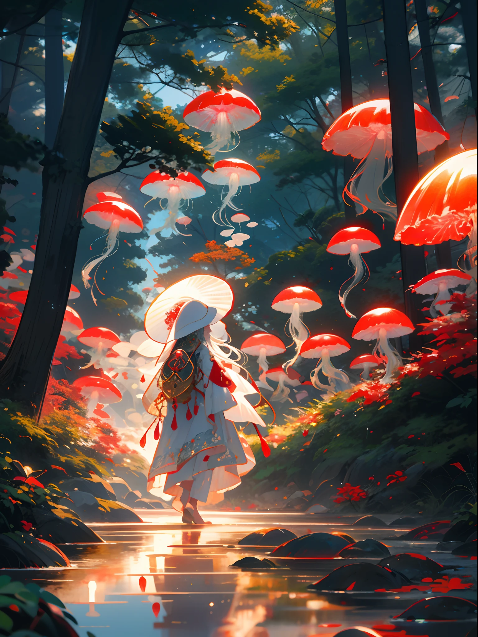 red jellyfish,jellyfishforest, 1girl, long hair, dress, solo, white hair,red hat,mushroom, nature, outdoors, tree, walking, forest, water