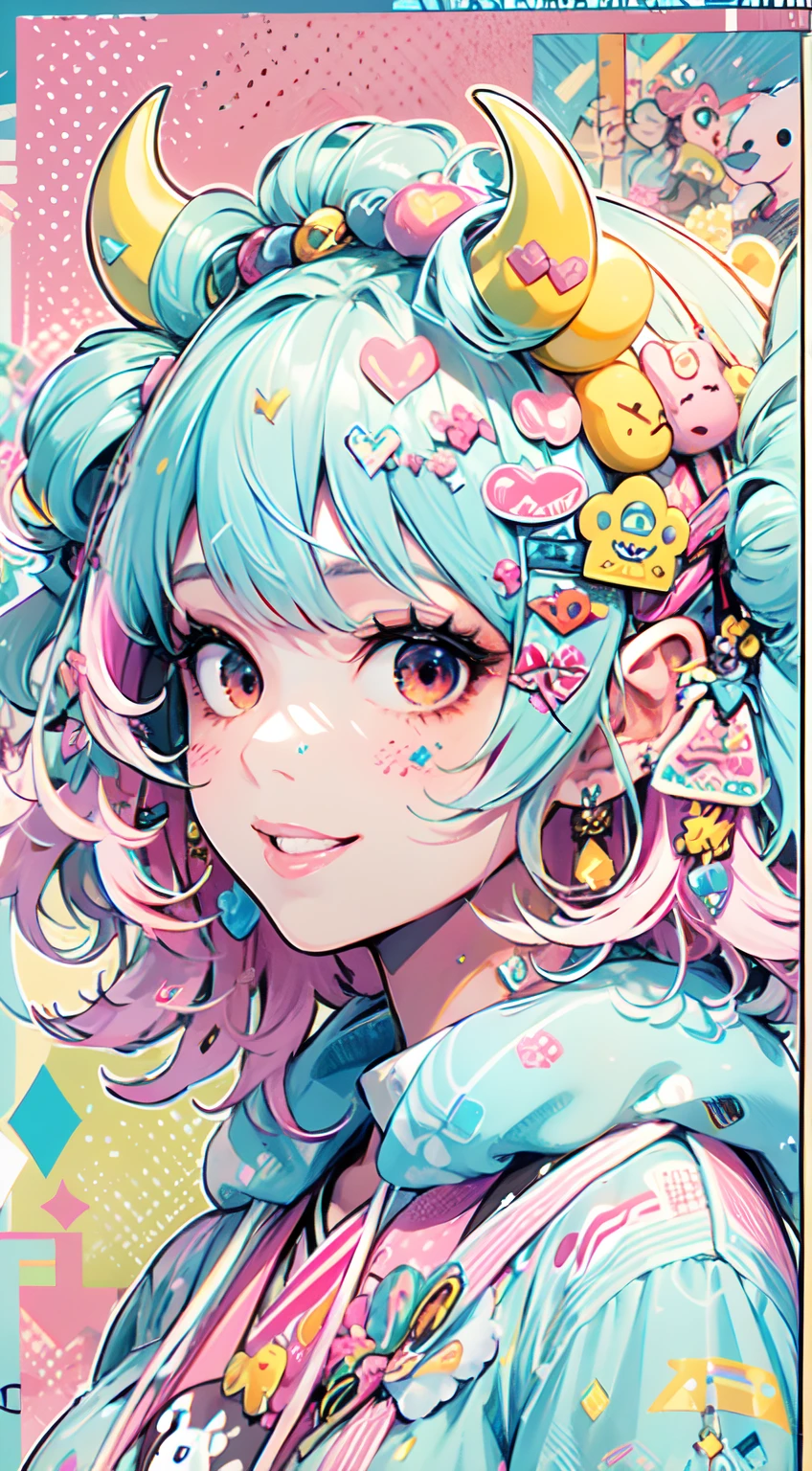 "kawaii, cute, adorable woman with pink, yellow, and baby blue color scheme. She is dressed in sky-themed clothes made out of clouds and sky motifs. Her outfit is fluffy and soft, with decora accessories like hairclips. She embodies the vibrant and trendy Harajuku fashion style." Short blue hair, red eyes, horns, demon wings, big ,big ass, big lips, juicy lips, huge hair, smile, bob cut, space buns, cloud hair ornament