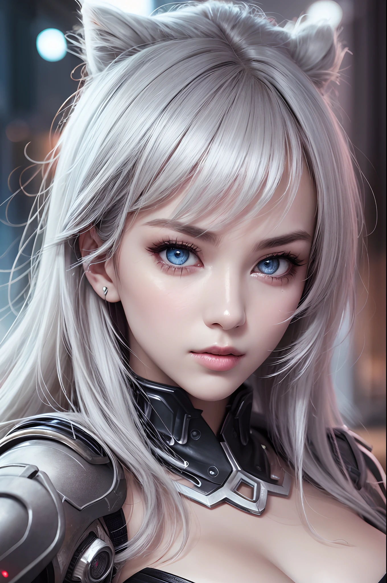 top-quality、8K Masterpiece、超A high resolution、(Photorealsitic:1.3)、Raw photo、女の子1人、silver white hair、glowy skin、1 Cyberpunk Super Beautiful Soldier、((super realistic details))、portlate、globalillumination、Shadow、octan render、8K、ultrasharp、beauty breast、Raw skin is exposed in cleavage、metals、cold color、、highly intricate detail、Realistic light、CGSoation Trends、Beautiful eyes、radiant eyes、Facing the camera、neon details、 --auto --s2