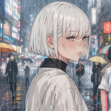 A woman stands in the rain in downtown Tokyo, white bob hair cut, multicolored eyes, pose,